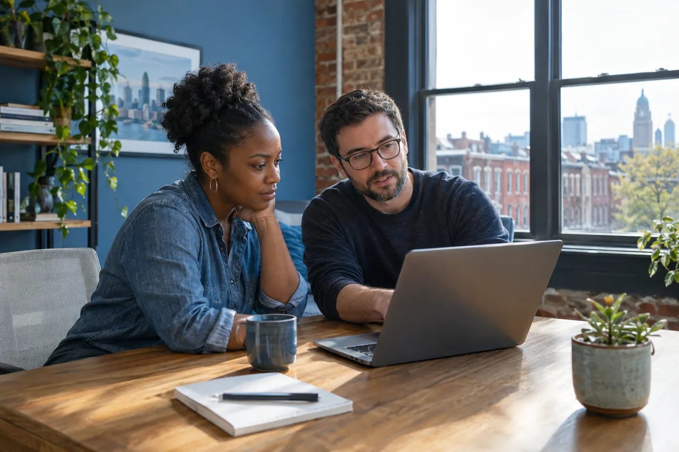 An IT consultant and a small business owner reviewing a laptop together at a sunlit desk